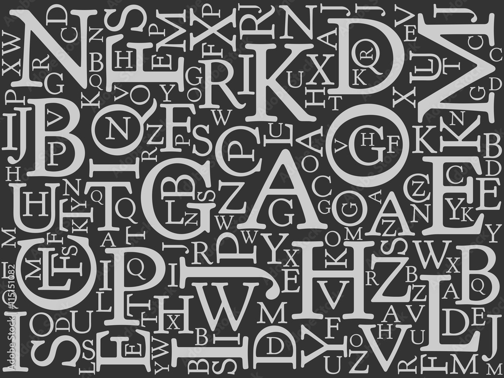 Poster background mosaic of light latin alphabet letters in various sizes on dark background. serif font. v