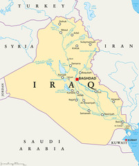 Iraq political map with capital Baghdad, national borders, important cities, rivers and lakes. Also called Mesopotamia, the land between Tigris and Euphrates. English labeling. Illustration. - obrazy, fototapety, plakaty