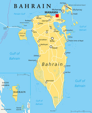 Bahrain political map with capital Manama. Island country, archipelago and kingdom near western shores of Persian Gulf in the Middle East. English labeling. Illustration.