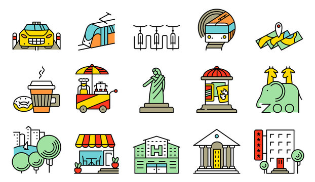 Vector simple and thin locations and city icons set