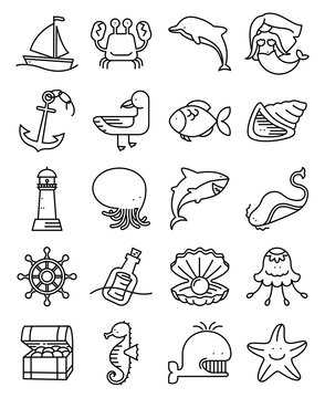 Vector thin and simple marine and nautical icons set