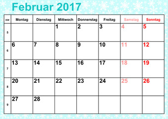 Kalender 2017 Monat Februar Kalender 2017 Monat Februar