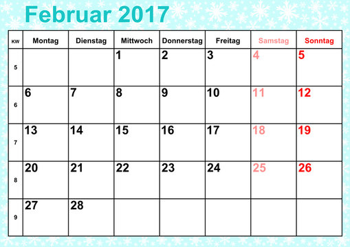 Kalender 2017 Monat Februar mit Feiertagen für Deutschland auf eisblauem Hintergrund mit Schneeflocken