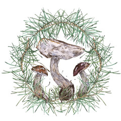 Green  wreath isolated on white background. Watercolor illustration with branch, mushrooms. Watercolor hand drawn illustration.