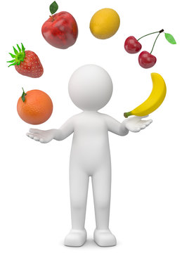 recommend clip art: 3d Männchen jongliert mit einem Fruchtcocktail aus Erdbeere, Kirschen, Orange, Banane, Zitrone  und Apfel.Obstsalat hat viele Vitamine und hält gesund.
