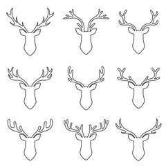 collection set of deer head, horn style, set of deer silhouette symbols, vector illustration, graphic design