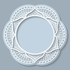 3D round frame, vignette with ornaments, lace frame,  bas-relief ornament,  festive pattern, white pattern, template greetings, vector
