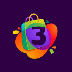 Number three logo in shopping bag icon and Sale tag.