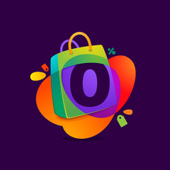Number zero logo in shopping bag icon and Sale tag.