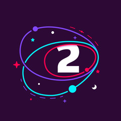 Number two logo in space orbits, stars and planets.