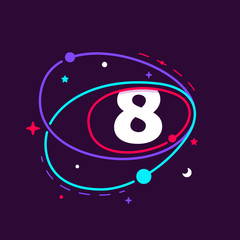 Number eight logo in space orbits, stars and planets.