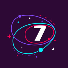 Number seven logo in space orbits, stars and planets.