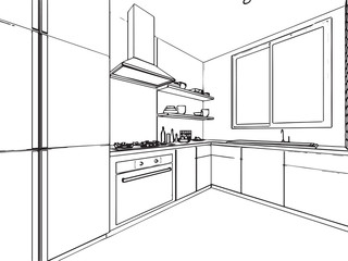 outline sketch drawing interior perspective of house