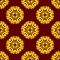 Vector Seamless Yellow Mandala Pattern over Dark Red