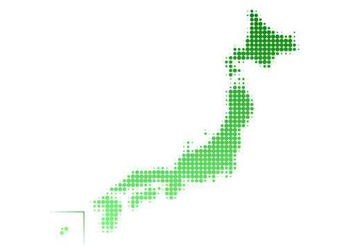 日本地図のイラスト: 緑グラデーションドット