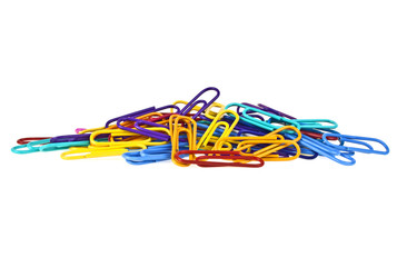 Bunch of colorful paper clips isolated on white background
