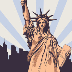 Obraz premium Statue of Liberty with cityscape vector