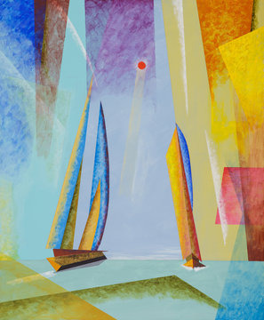 A semi-abstract seascape with yachts.