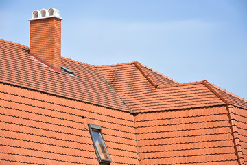 Naklejka premium Roof tiles and smoke stack of a building