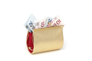 A golden wallet filled with ten and twenty euro notes