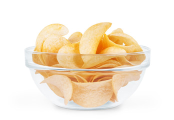 Potato chips in glass bowl isolated on white background