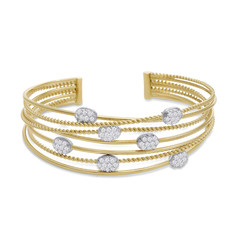 14 Karat White & Yellow Gold Two Tone Rope & Smooth Wire Cuff Bracelet with Diamonds