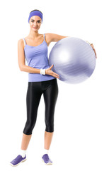 Fototapeta premium Full body portrait of smiling woman holding fitness pilates ball