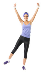 happy smiling woman jumping or doing fitness aerobics exercise,