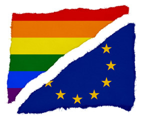 Gay Pride and EU Flag Torn Paper Scraps Isolated on White Background
