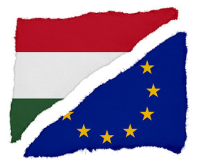 Hungarian and EU Flag Torn Paper Scraps Isolated on White Background