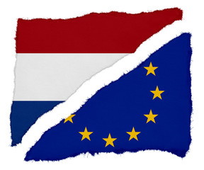 Dutch and EU Flag Torn Paper Scraps Isolated on White Background