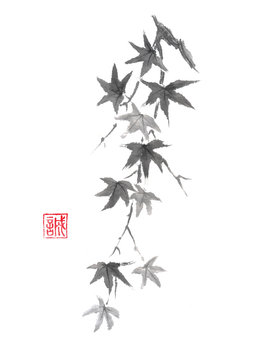 Japanese style original sumi-e maple branch ink painting.