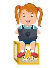 Kid using a laptop sitting on abc block cartoon design, vector illustration.
