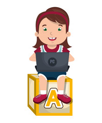 Kid using a laptop sitting on abc block cartoon design, vector illustration.