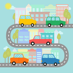 Road with cars and houses with trees in flat style
