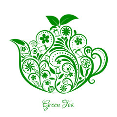Vector Floral Green Ornamental Teapot Over White