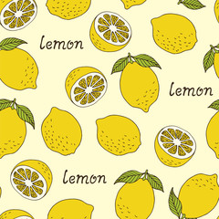 Seamless citrus pattern, hand drawn lemons on yellow background