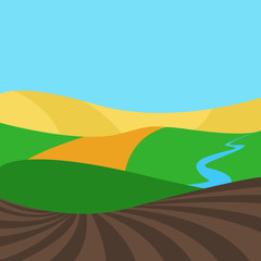 Fototapeta na wymiar Vector nature landscape with fields, leas, river. Simple style illustration - countryside view