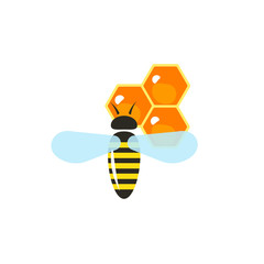 Flying bee pollinating wax honeycombs vector illustration in cartoon flat style, apiary honey production concept, icon label, sticker, logo idea, modern design symbol isolated on white