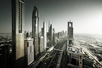 Dubai skyline in sunset time, United Arab Emirates