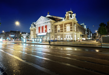 Fototapeta na wymiar Concert building in Amsterdam at night, Netherlands