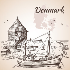 Scene of Denmark village and ship.