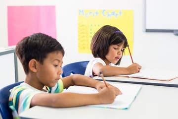 Schoolchildren writing on books