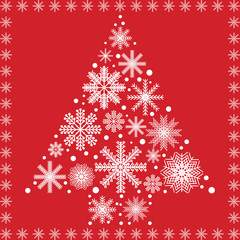 Scandinavian style Christmas tree shape made out of different types of snowflakes and stars decorative ornaments in white on red background  
