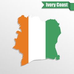 Ivory Coast map with flag inside and ribbon