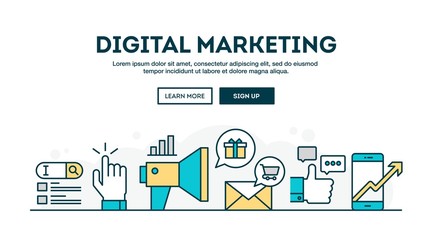 Digital marketing, colorful concept header, flat design thin linne style