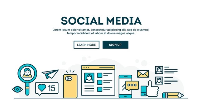Social media, colorful concept header, flat design thin line style