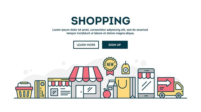 Online shopping, colorful concept header, flat design thin line style