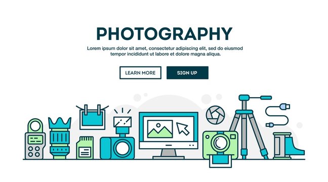 Photography equipment, colorful concept header, flat design thin style