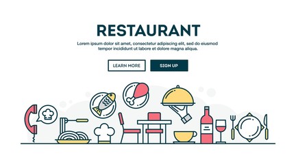 Restaurant, colorful concept header, flat design thin line style - obrazy, fototapety, plakaty